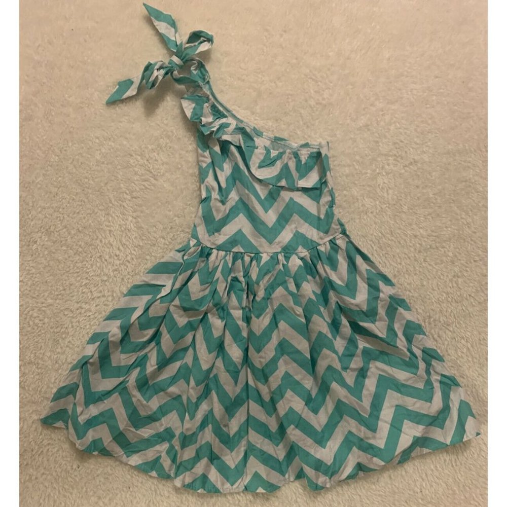 Toddler Girls Chevron Dress Aqua White Ruff 4T 5T